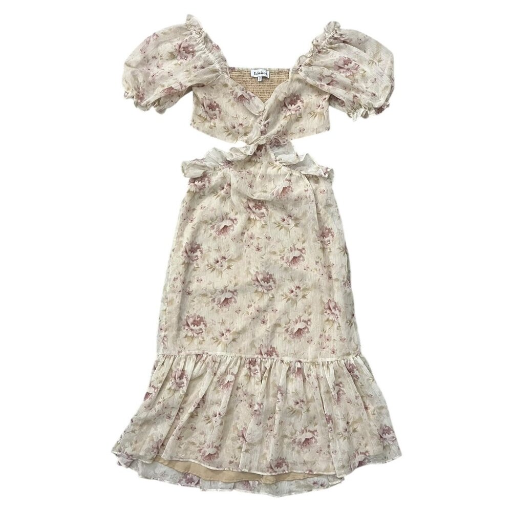 En Saison Floral Chiffon Cutout Midi Dress Blush Pink Size M Ruffle Romantic